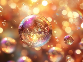 Colorful bubbles floating in a dreamy, shimmering background of soft bokeh lights.