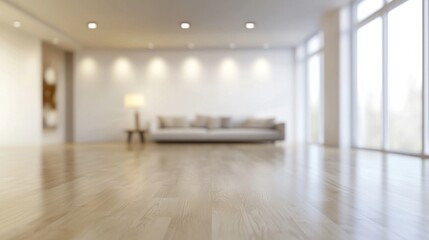 A bright and airy living room with modern decor featuring a sofa, lamp, and large windows allowing natural light during the day
