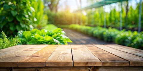 Minimalist Wooden Table with Blurred Vegetable Garden Background, Perfect for Product Showcase and Advertising