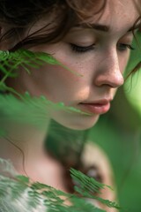 Naklejka premium A close-up shot of a woman's face covered in green leaves