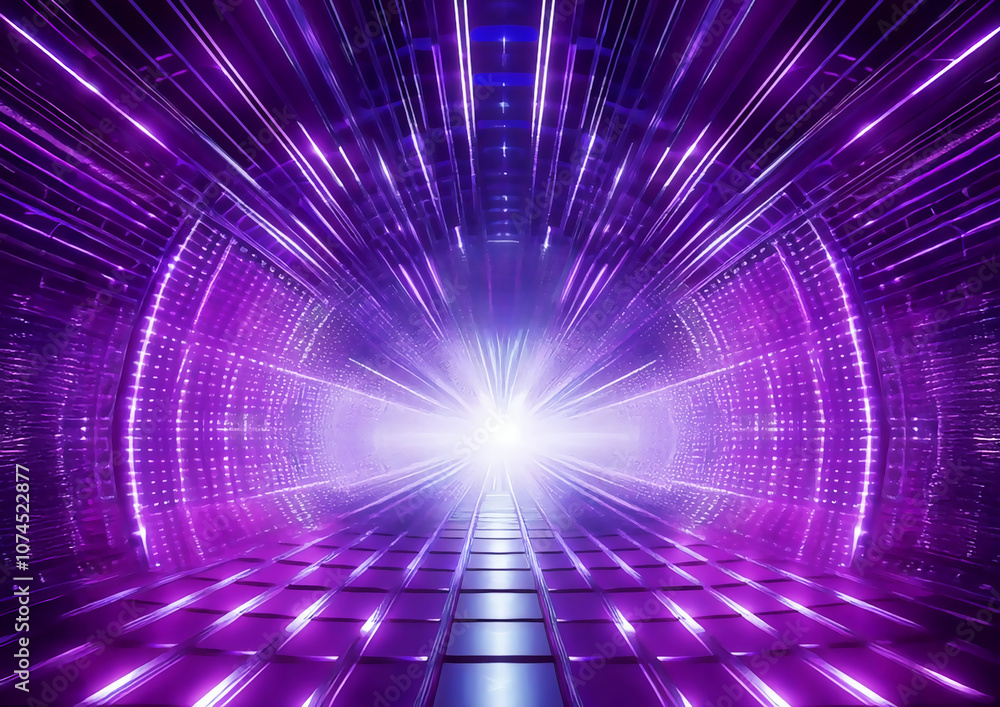 Poster abstract futuristic tunnel with glowing lights and rays on a dark background