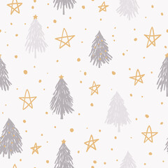 Hand drawn Christmas tree and stars seamless pattern. Holiday design in pastel colors for fabric, textile, wrapping paper, cover, gift paper