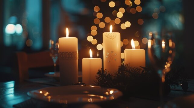 A table with candles and a plate, perfect for a dinner party or romantic evening