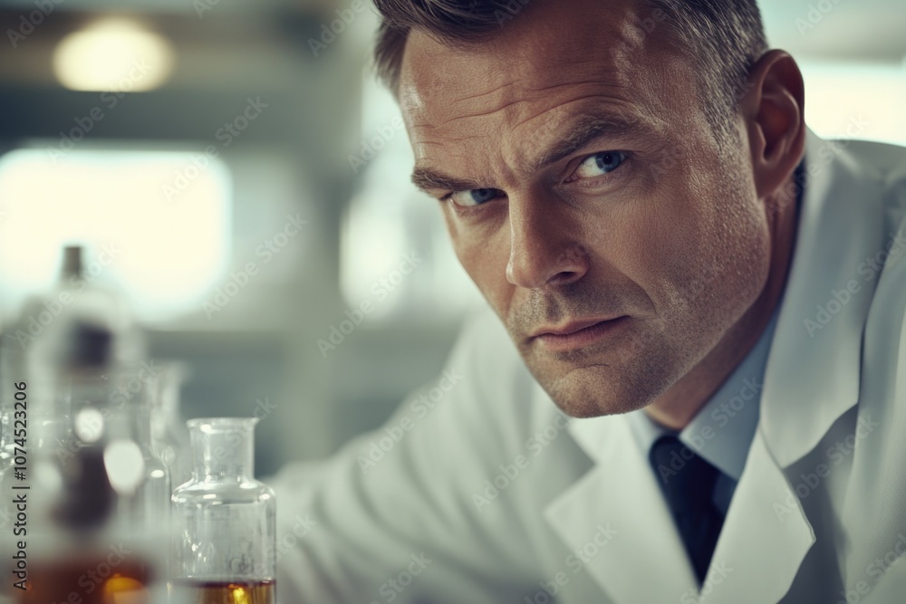 Poster a scientist inspects a glass container in a lab setting, possibly searching for chemical reactions o