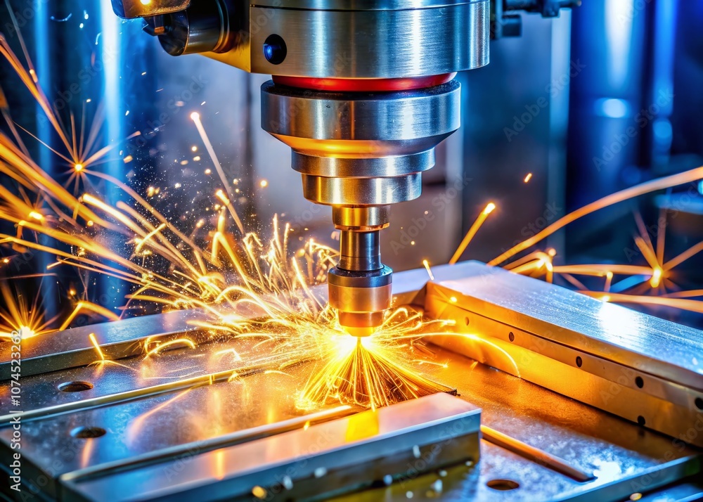 Poster precision cnc milling machine in action: rough cutting an injection mold with sparks flying, showcas