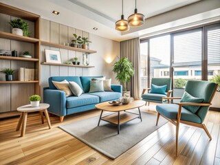 Modern Japandi Living Room with Blue Armchair and Beige Sofa - Long Exposure Minimalist Interior Design
