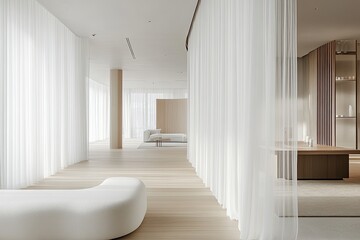 A minimalist interior design with a white couch. This image can be used for projects related to interior design, architecture, and minimalist lifestyle.
