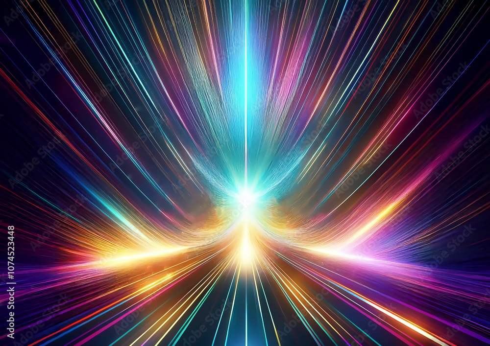 Poster abstract scene with colorful rays on a dark background, futuristic abstraction