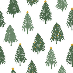 Fototapeta premium Hand drawn Christmas tree seamless pattern. Green trees with decorative elements on white background. Simple design for fabric, textile, wrapping paper, cover