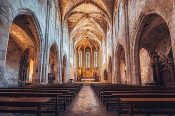 Fototapeta premium An empty church interior with pews and stained glass windows, suitable for use in various settings