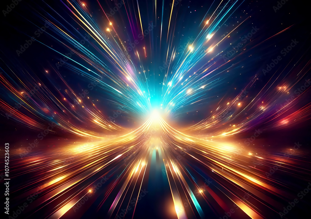 Poster abstract colorful background with magic rays and bokeh, 3d illustration