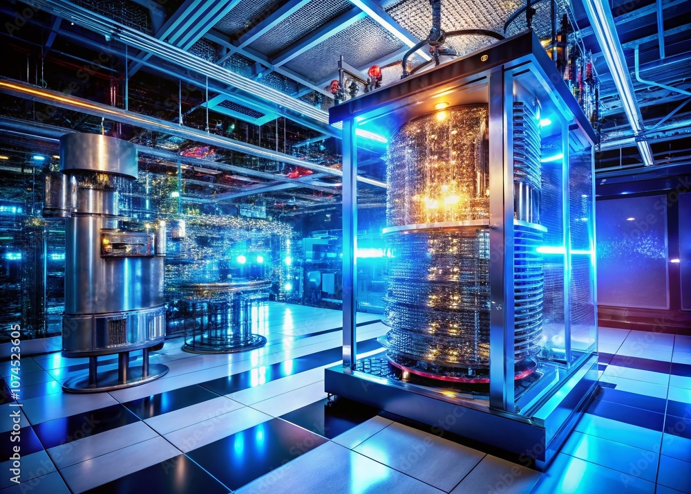 Poster quantum computer surrounded by futuristic elements in a scientific setting with ample copy space for