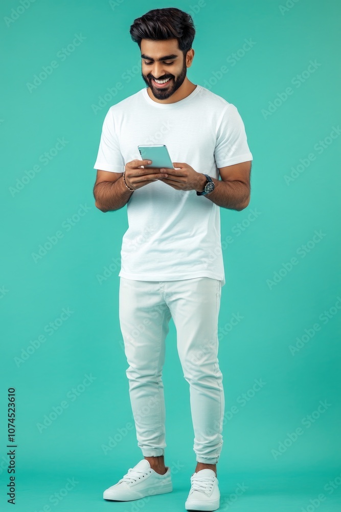 Poster A person examining their mobile device, possibly checking messages or browsing the internet