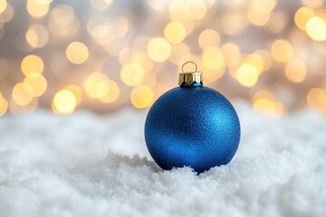 A blue glass ornament sits on top of fresh snow, perfect for winter scenes or holiday decorations