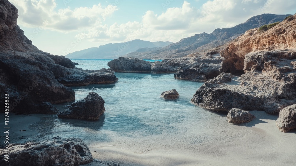 Poster a calm scene with water surrounded by rocks on a beach