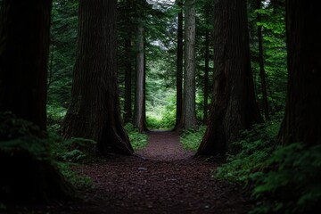 Obraz premium Majestic Cedar Forest: A Serene Landscape of Dense Trunks and Lush Greenery