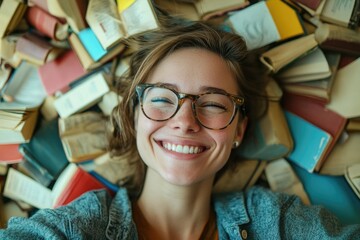 A woman relaxing and reading books on a pile
