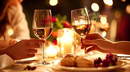 Couple toasting with wine glasses during an intimate dinner at a candlelit table surrounded by roses in the evening