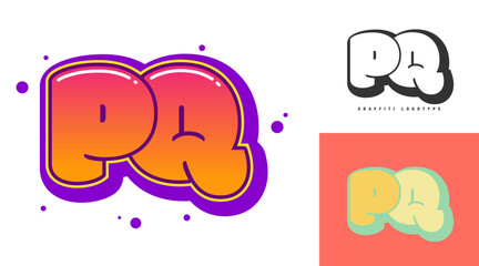 PQ logo design for festival or party. Initial letter p and q in graffiti style. Creative modern lettering company name of font typography. Kids trendy logotype or identity.