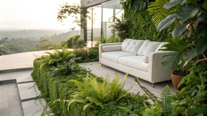 Obraz premium Modern White Sofa in a Lush Green Biophilic Space with Tilt-Shift Photography for Interior Design Inspiration and Nature Integration