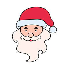 Hand Draw Santa Claus Head icon with red hat and white beard. Cheerful Santa Claus cartoon head sticker