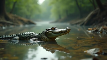 Crocodile swims in a polluted river. Concept of ecological disaster .