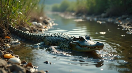 Fototapeta premium Crocodile swims in a polluted river. Concept of ecological disaster .