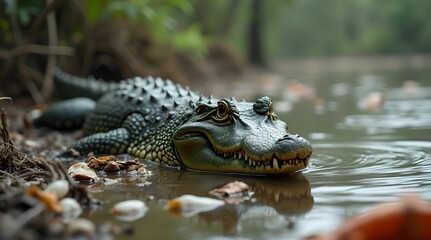 Obraz premium Crocodile swims in a polluted river. Concept of ecological disaster .
