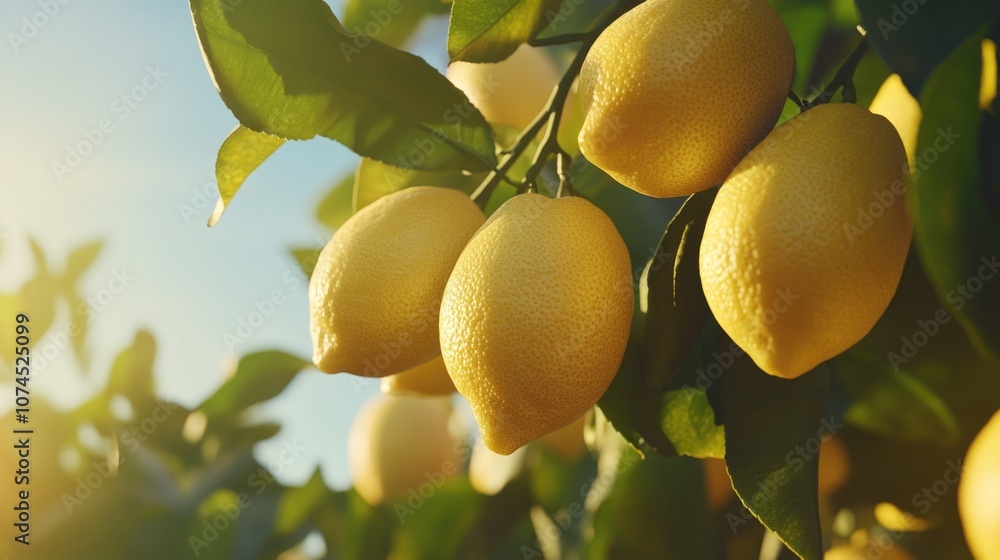Poster fresh lemons hang from tree branches in a natural setting, ideal for food or drink-related concepts