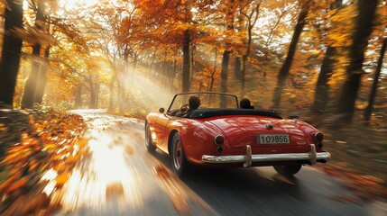 A classic convertible drives through a colorful autumn forest with sunlight streaming through the trees during a crisp fall afternoon