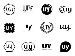 UY logo company template. Letter u and y logotype. Set different classic serif lettering and modern bold text with design elements. Initial font typography.