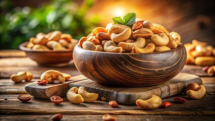 Fototapeta premium Roasted Cashew Nuts in a Rustic Wooden Bowl on a Table Setting, Perfect for Food Photography and Culinary Art, Highlighting Natural Ingredients and Healthy Snacking Options