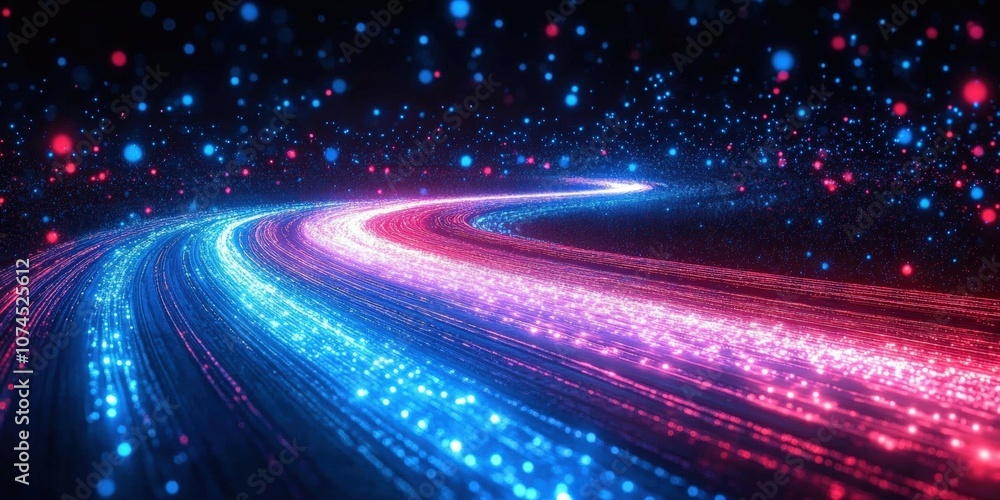 Poster vibrant abstract light lines in blue and red colors on a dark background creating a dynamic visual e