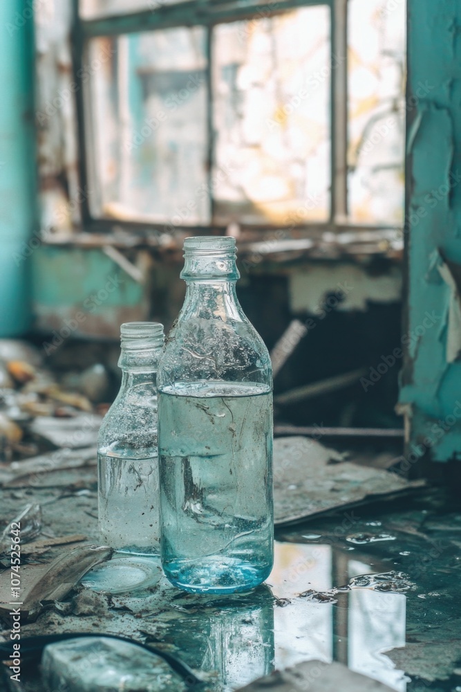 Poster A pair of empty glass bottles sit on a flat surface, ready for use or display