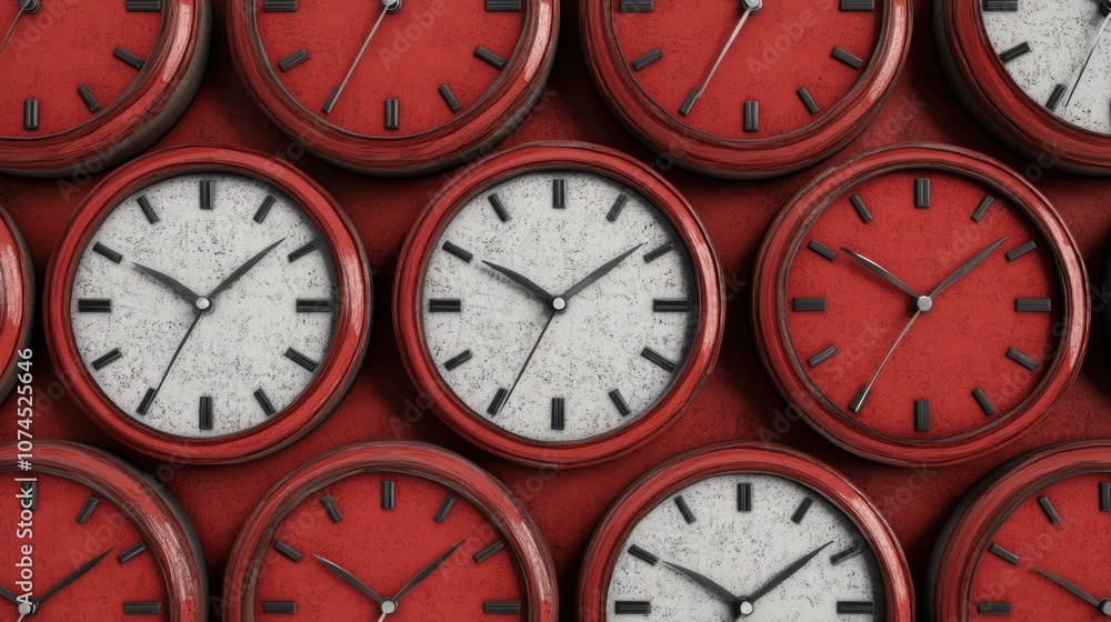 Poster explore timeless design with vintage clocks on a bold red background