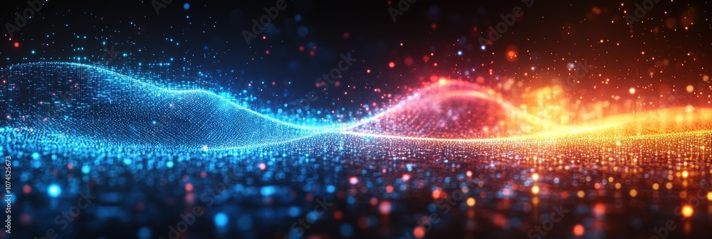 Poster abstract representation of light waves and color gradation in blue and red hues against a dark backg