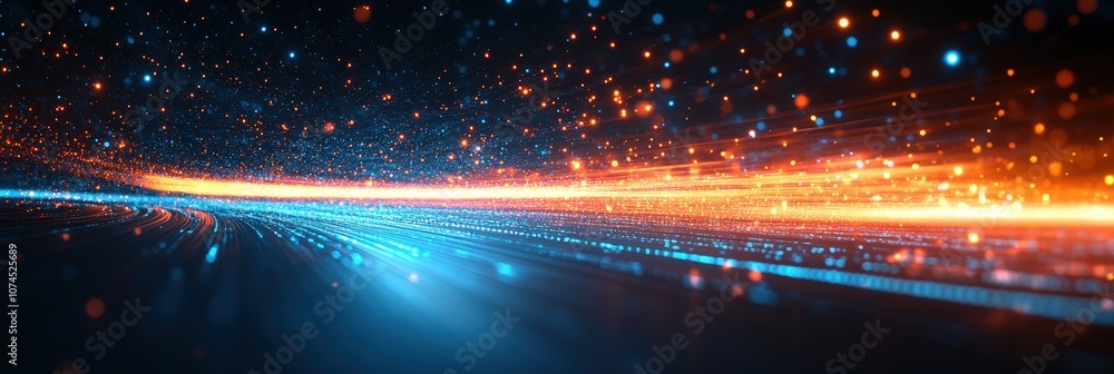 Poster abstract display of light lines in blue and red colors on dark background capturing movement and ene