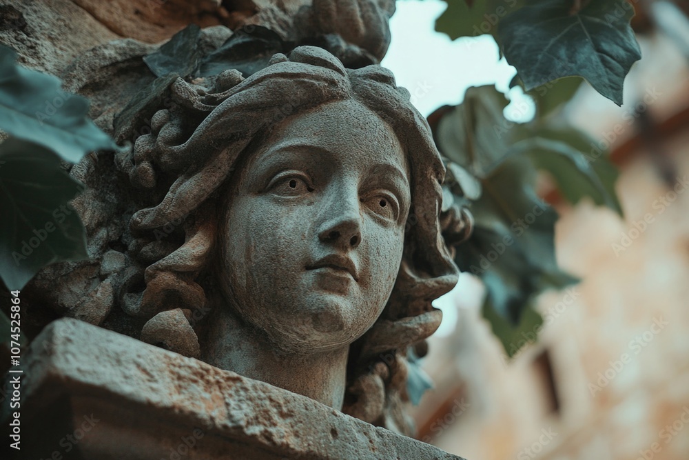 Poster a close-up view of a statue depicting a woman's face, ideal for use in historical or artistic contex