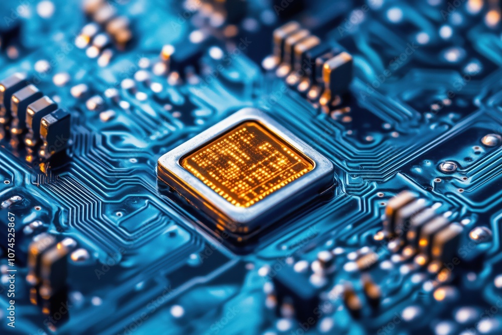 Poster microchip technology, intricate circuit board with glowing processor