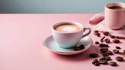 Coffee on the top of a pink pastel table-
