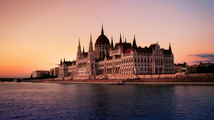 City summer sunset landscape, panorama, banner - top view of the Hungarian Parliament Building and Danube river with Margaret Bridge in the historical center of Budapest, in Hungary
