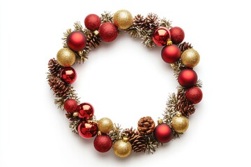 Obraz premium A festive Christmas wreath made with red and gold ornaments for decorations or gifts