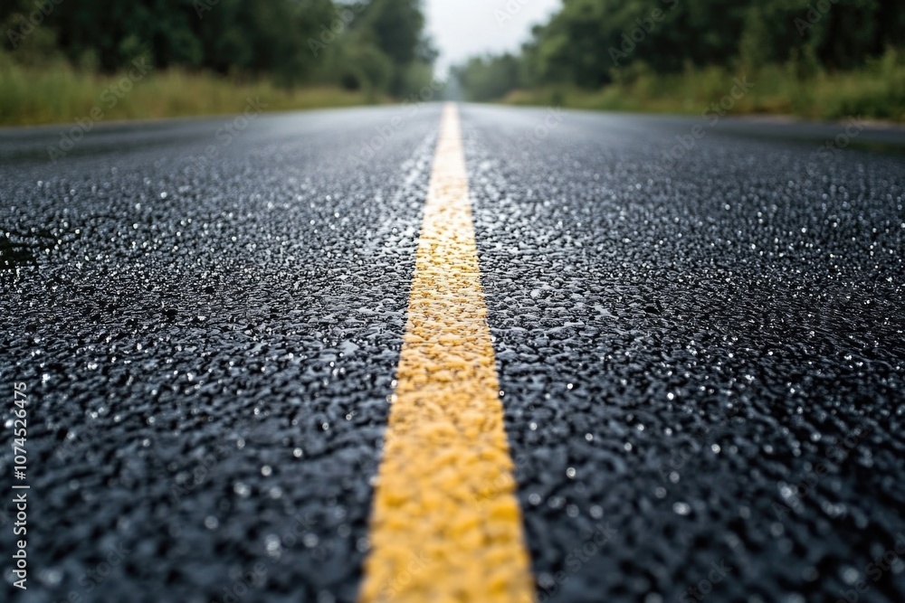 Poster a wet road with a yellow line down the center, suitable for use in travel or infrastructure images