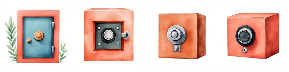 Obraz premium Four vintage-style safes depicted, each with a unique design and color, suggesting security and treasure protection.