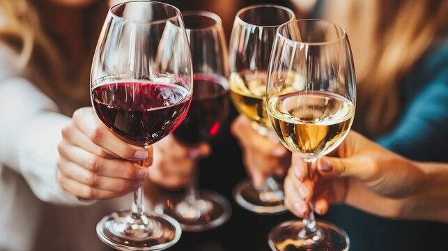 Friends joyfully toasting with glasses of red and white wine at a cheerful gathering celebrating special moments