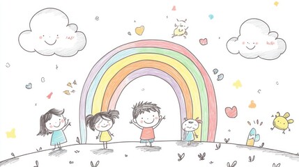 A group of kids gathered around a vibrant rainbow