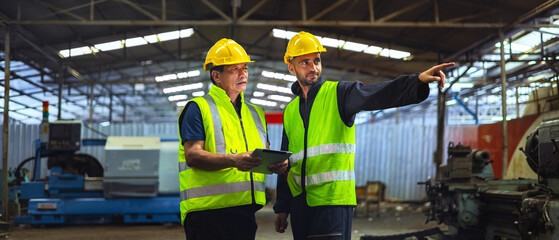 Two men in safety vests are pointing at a machine