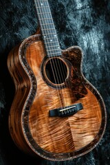 Fototapeta premium A close-up shot of a guitar against a dark backdrop, perfect for music-themed designs or promotional materials
