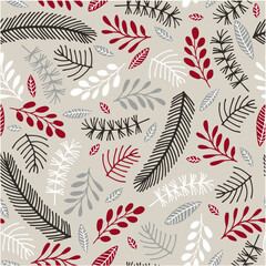 Christmas cozy pattern with pine branches, berries, fir trees on a white background. Ideal for postcards, for packaging, backgrounds, printing on textile holiday decor. Vector illustration
