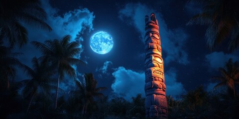 Mystical totem pole bathed in enchanting moonlight, revealing its intricate carvings and ancient secrets.